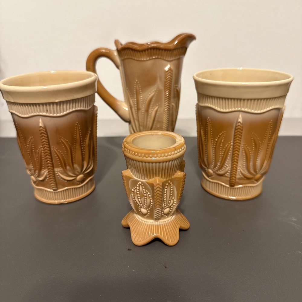 Akro Agate Caramel Slag Glass 4pc Set Pitcher Tumblers Toothpick Stuck Wheat